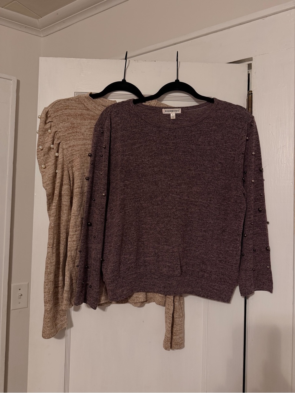 Roommates Pearl-Trim Crewneck Sweater Duo - Taupe & Plum
